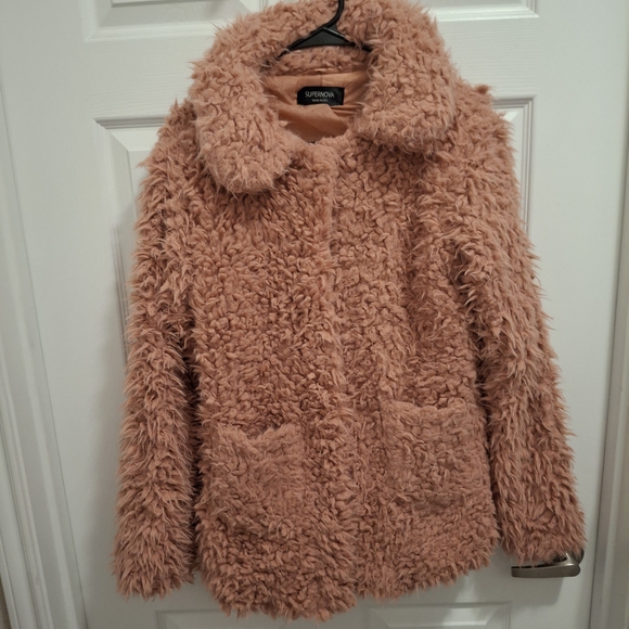 Supernova Large Pink Faux Fur Pockets Snap Coat Jacket - Picture 1 of 11